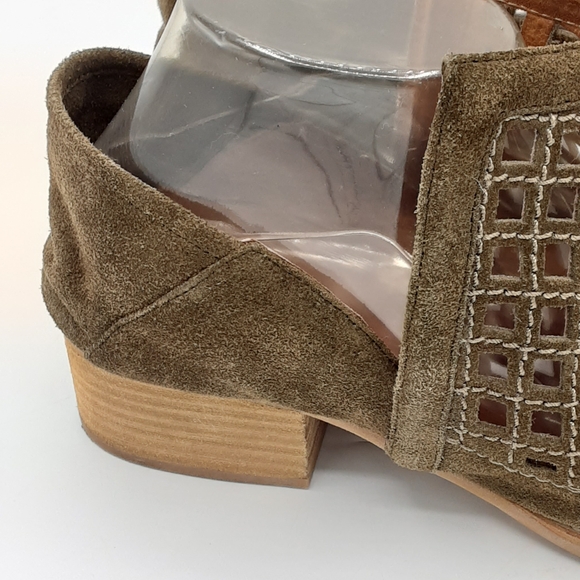 Jeffrey Campbell Taggart Olive Green Suede Cutout Stacked Heel Booties. - Picture 7 of 16